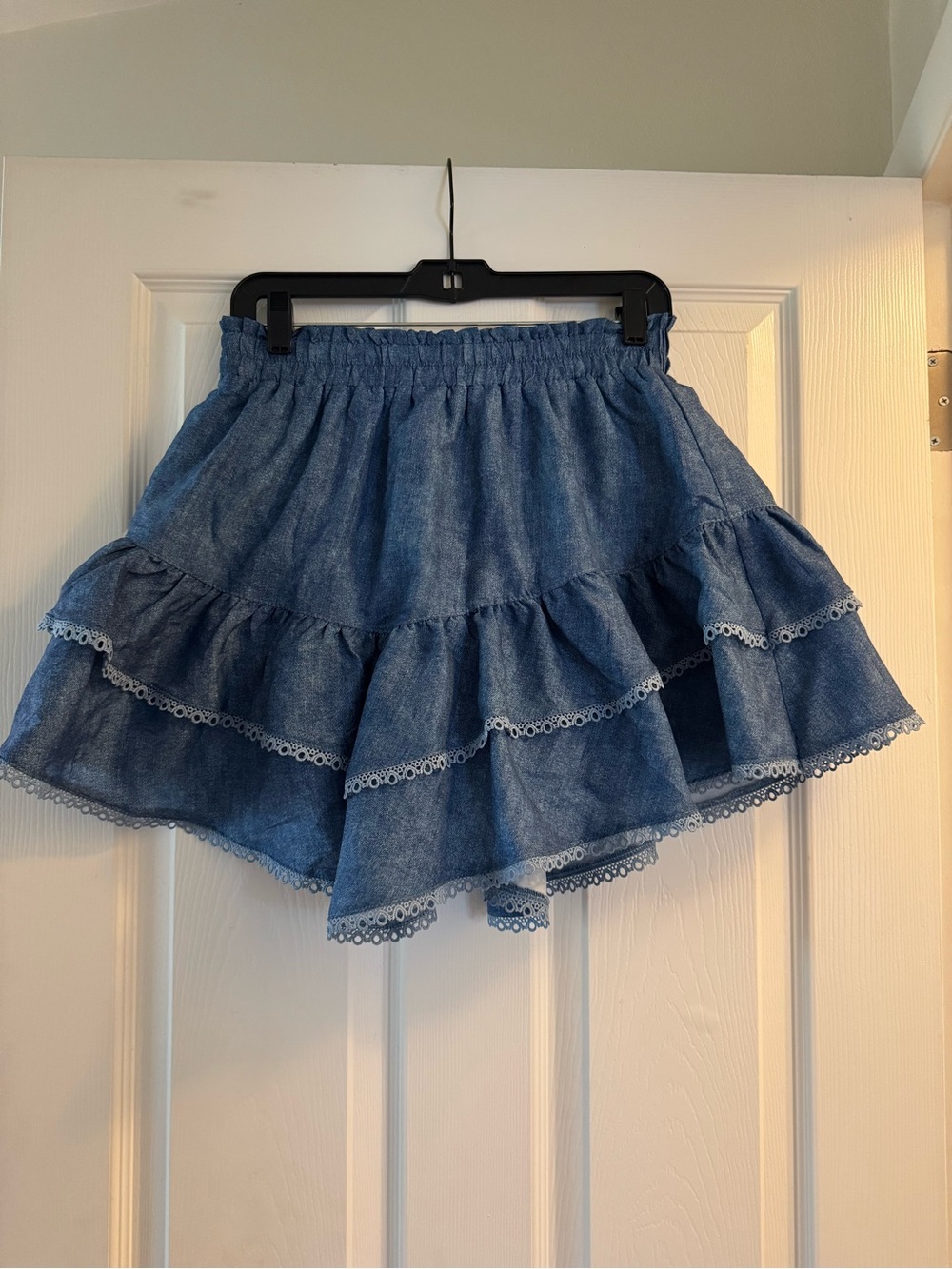 Amazon Blue Tiered Ruffle Mini Skort with Lace Trim